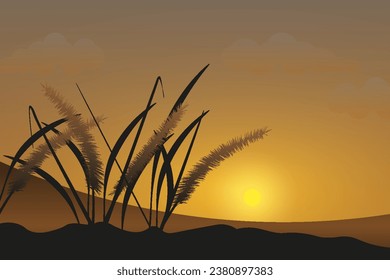 Morning savanna view. African cartoon landscape with rising morning sun, silhouettes of trees and grass.