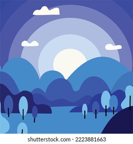 Morning scene in cold blue color win sun illustration for landscape background flat design