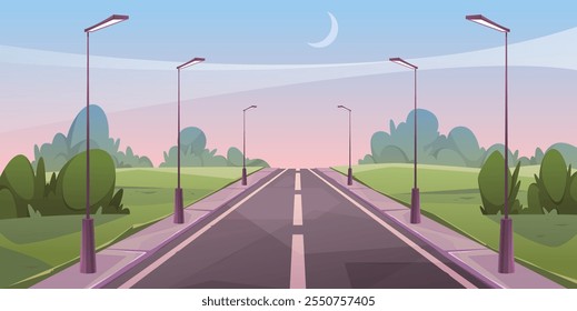 Morning scene of road landscape with lanterns, pavement and trees in distance. Vector asphalted path for transport, city path or street. Scene view with clear sky and crescent moon perspective