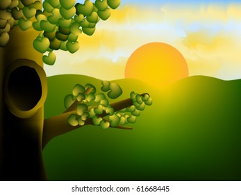 Morning scene with sunrise and a tree