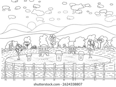 Cena da Manhã em um Jardim Tranquil Line Art, ilustração de arte de linha preta e branca retratando uma cena pacífica do jardim pela manhã. As características incluem uma lagoa com lanternas tradicionais e pisos