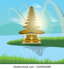 Morning scenery background design with greetings of bali's day of silence for instagram post 