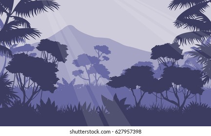 At Morning Scenery With Mountain And Jungle Silhouette