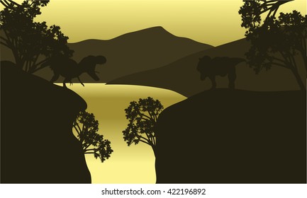 At morning scenery T-Rex silhouette in river