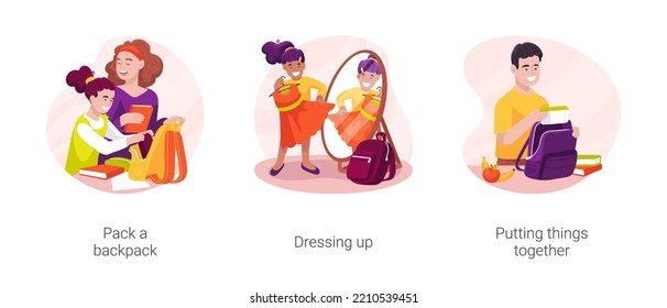 Morning school preparations isolated cartoon vector illustration set. Child packing backpack, get dressed for school, putting things together, make lunchbox, morning preparation vector cartoon.