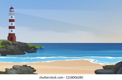 Morning sea shore landscape with lighthouse vector background.