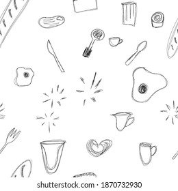 morning. seamless pattern with breakfast. black and white doodle. get up early. wallpaper for the kitchen. scrambled eggs, coffee, knife, spoon, baguette, cup, cinnamon roll. morning things. eps 10