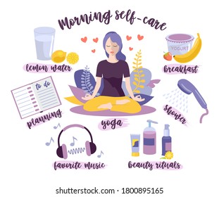 Morning self-care. Woman self care concept.  Morning routine, home activity. A young girl doing her morning routine: yoga practice, drinking lemon water, shower, breakfast, beauty rituals, planning