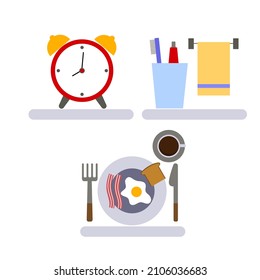morning set. an alarm clock, a shelf in the bathroom with a toothbrush, toothpaste and a towel, a plate with breakfast. Flat vector illustration.