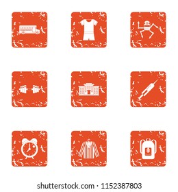Morning shift icons set. Grunge set of 9 morning shift vector icons for web isolated on white background