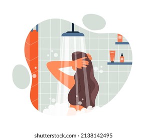 Morning shower concept. Young girl takes care of herself, beauty and hygiene. Daily procedures and routine. Graphic elements for website, posters or banners. Cartoon flat vector illustration