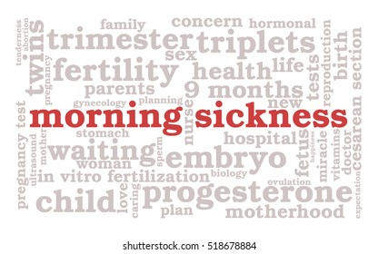 Morning sickness. Word cloud, red font, white background. The miracle of birth.
