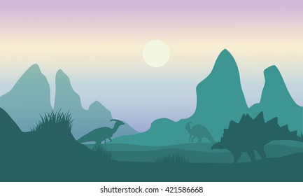At morning silhouette of parasaurolophus and stegosaurus beautiful scenery