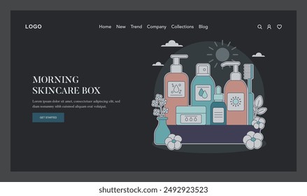 Morning Skincare Box concept. A collection of essential daily skincare products displayed in a serene morning setting. Personal care ritual essentials. Vector illustration.