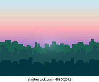 Morning sky above city buildings. Vector illustration.