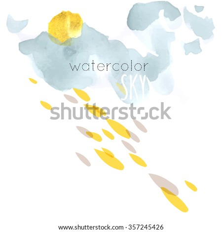 Morning, sky, cloud, winter, stars, moon, snow, rain. Hand drawn vector illustration. Line art ink sketch. Watercolor abstract background. Mixed Media, paper cut. 