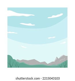 Morning sky with clouds and bluish tint. Landscape, nature scenery with mountains in distance. Resort or relax area for picnic. Vector in flat cartoon style