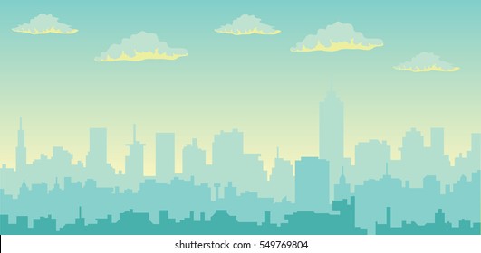 Morning  sky and clouds over city silhouette 
vector cityscape illustration