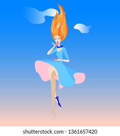 morning sky and flying girl with a cup of coffee