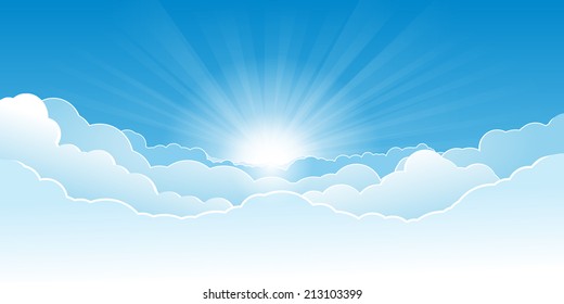 Morning sky with glowing clouds and rising sun with rays.