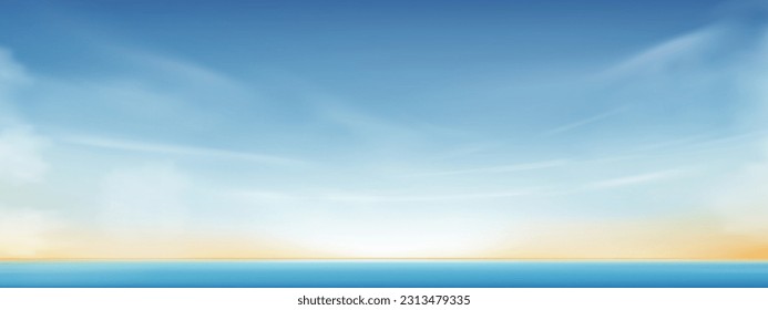 Morning Sky, Horizon Spring Sky Scape in blau am Meer, Vektorgrafik der Naturwolke, Himmel im sonnigen Sommer, Horizon malerischer Banner-Hintergrund für den Welttag, Retten Sie die Erde oder den Earth Day