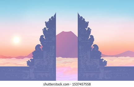 Morning sky with mountain and traditional balinese gate silhouette, vector illustration