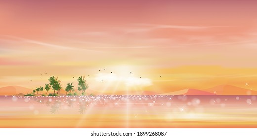 Morning Sky with Pink, Orange light at Ocean Tropical on Island,Panoramic Sea beach with coconut palm tree and sunrise chining on water,Vector beautiful nature of Seaside landscape in evening