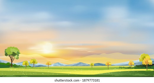 Morning sky in spring time,Summer landscape in village with meadow on hills with orang and blue sky, Panoramic countryside of green field, mountain and grass flowers,Vector cartoon of Summer or Spring