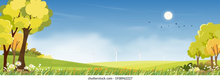 Morning sky in spring time,Summer landscape with meadow, windmill on hills with cloud and blue sky, Panoramic countryside of green field, mountain and grass flowers,Vector cartoon of Summer or Spring