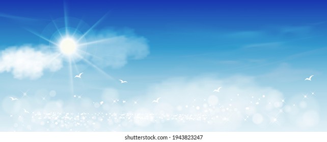 Morning sky with white clouds and Sun Shining, Horizon Spring sky scape in blue colour,Vector background of nature sky in sunny day Summer, World environment day concept