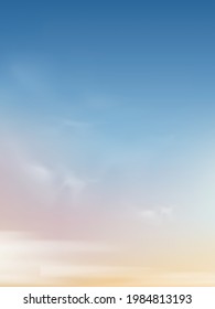 Cielo matutino con nubes blancas, cielo de primavera vertical en azul, amarillo y rosa color pastel,Vector fondo del cielo natural en el soleado verano fondo,Concepto del Día Mundial del Medio Ambiente