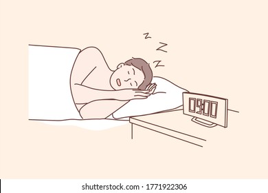 Morning, sleep, health, care, dream, relaxation concept. Young man or guy cartoon character lying sleeping in morning at home bed after long work. Taking nap for healthy rest lifestyle illustration.