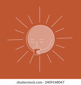 Morning sleeping sun holding cup of tea drawing in cartoon flat line style on mustard background