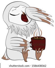 Morning sleeping white barn owl with hot coffee in cartoon vector isolated background