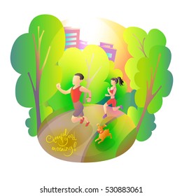 Morning sports man, woman and dog in the park. Bright sunshine, green trees. Running athlete on the square.