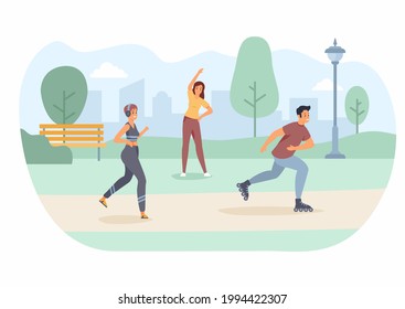 Morning sports in park. Girl with headphones jogging. Guy on roller skates rushes merrily along track. Get active start to day with fitness. Woman stretching on grass. Vector flat illustration