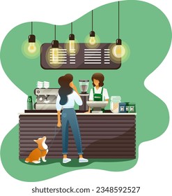 The morning starts with coffee. Girl with corgi dog buys coffee in cafe. Barista, business, job, service, marketing.