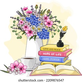 Morning still life cartoon vector illustration  Books stack and flowers   coffee cup sketch drawing  Vintage composition and floral blooming in vase  Open book and ink   feather  teacup