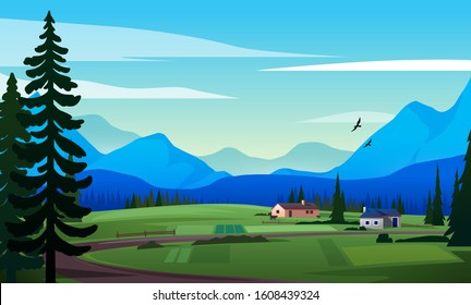 Morning summer landscape with farmhouse. View of small village on mountains background. Vector illustration.