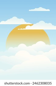 Afiche de la ilustración del sol de la mañana entre las nubes. Paisaje nublado de arte infantil.