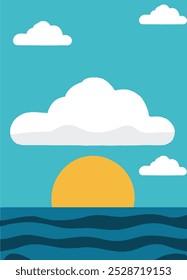 Morning sun among clouds illustration. Adventure flat cloudscape art.