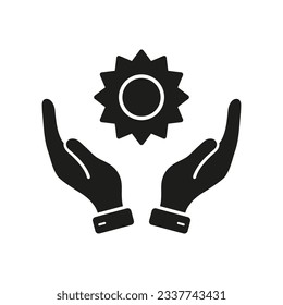 Morning Sunlight Silhouette Icon. Human Hands Hold Sun, Solar Ecological Energy Glyph Pictogram. Ecology and Nature Symbol. Environmental Care Solid Sign. Isolated Vector Illustration.