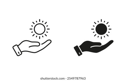 Morning Sunlight Symbol. Solar Ecological Energy Sign. Environment Care Line and Silhouette Icon Set. Human Hand Holds Sun Icon. Editable Stroke. Isolated Vector Illustration.
