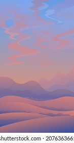 Morning sunrise among the fields. Vertical illustration of rural landscape.