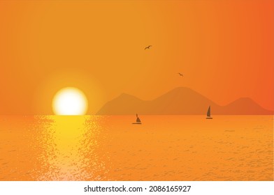 Morning sunrise or evening sunset in ocean, nature landscape background in yellow color,eps10, gulls in sky with sailboat,vector illustration of tropical sun, calm and romantic holiday, summer travel