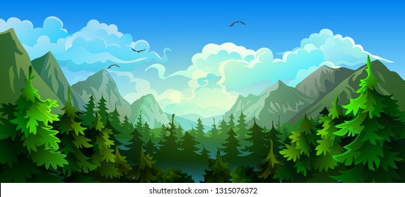 Morning sunrise in the forest. Vector panorama of a forest with mountains.