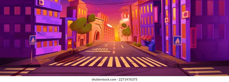 Morning sunrise in modern city downtown. Vector cartoon illustration of empty urban street with shop, museum and apartment buildings, business center, traffic signs at crossroads under colorful sky