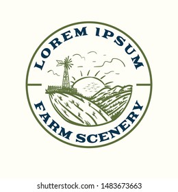 morning sunrise scenery farm field with mill hand drawn logo template