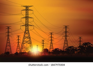 Morning sunrise scenery And high voltage poles.Graphic vector