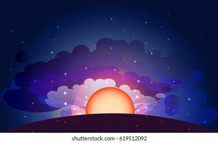 Morning sunrise sky background.  Sunrise, clouds, stars. Night sky. Vector illustration.